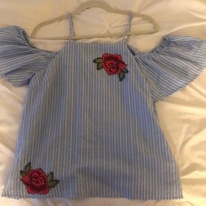Off shoulder striped top with embroidered roses